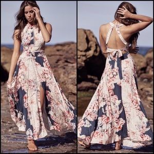 Anthropologie Jaase Pink Halter Open Back Maxi Dress Boho Crochet lace Festival
